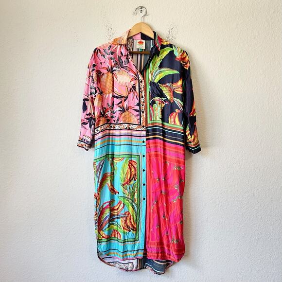 FARM Rio Dresses & Skirts - FARM RIO Scarf Mix Shirt Dress Multicolor Fruit Print 3/4 Sleeve Hippie